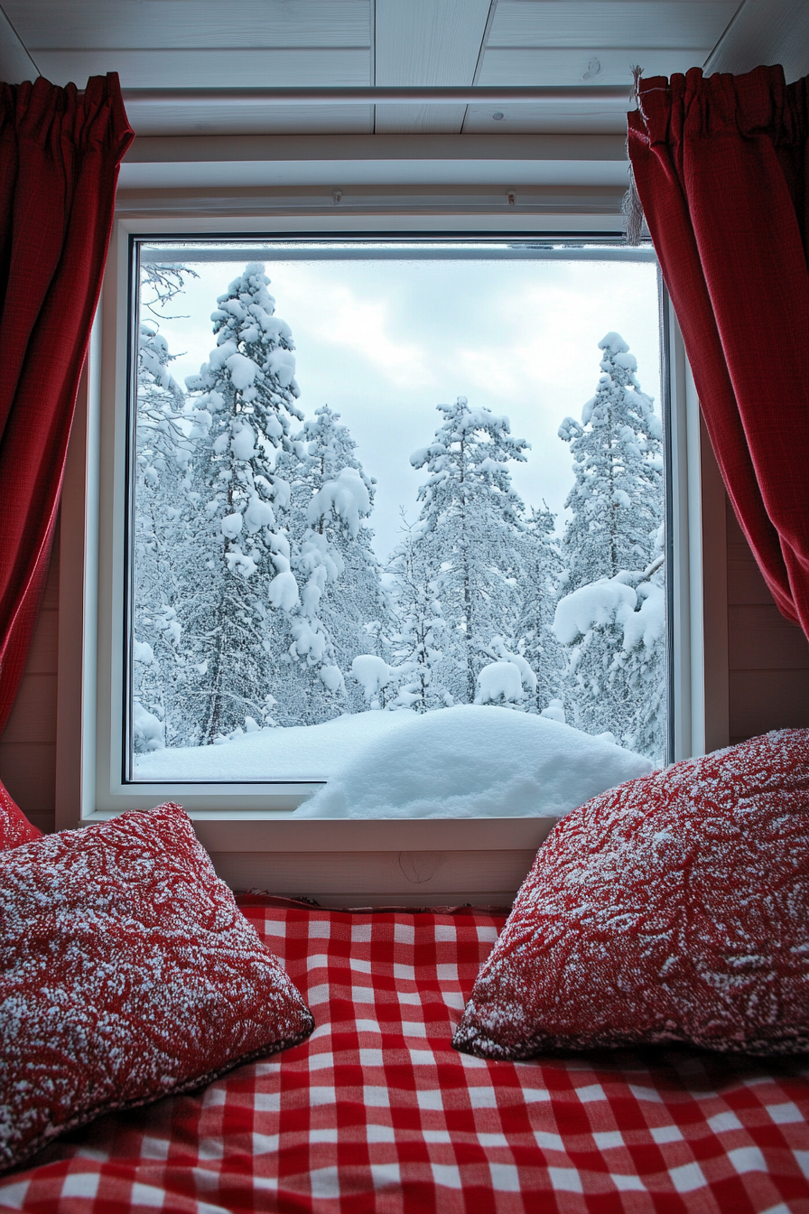 Scandinavian space, red-checkered curtains, viewing snow-dusted evergreens under northern lights via skylight.