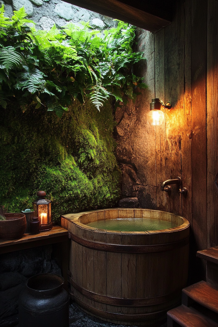 Tiny bathhouse. Wooden soaking tub amidst hanging green ferns and moss-covered stone wall.