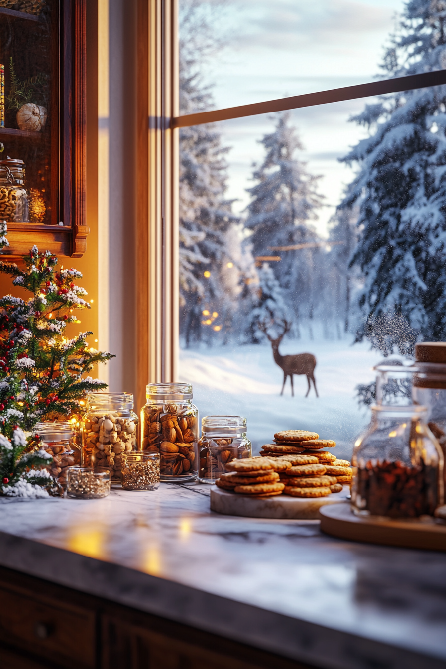 Holiday baking scene. Cookies on a marble counter, spice jars, snow-covered meadow with deer through a wide window.