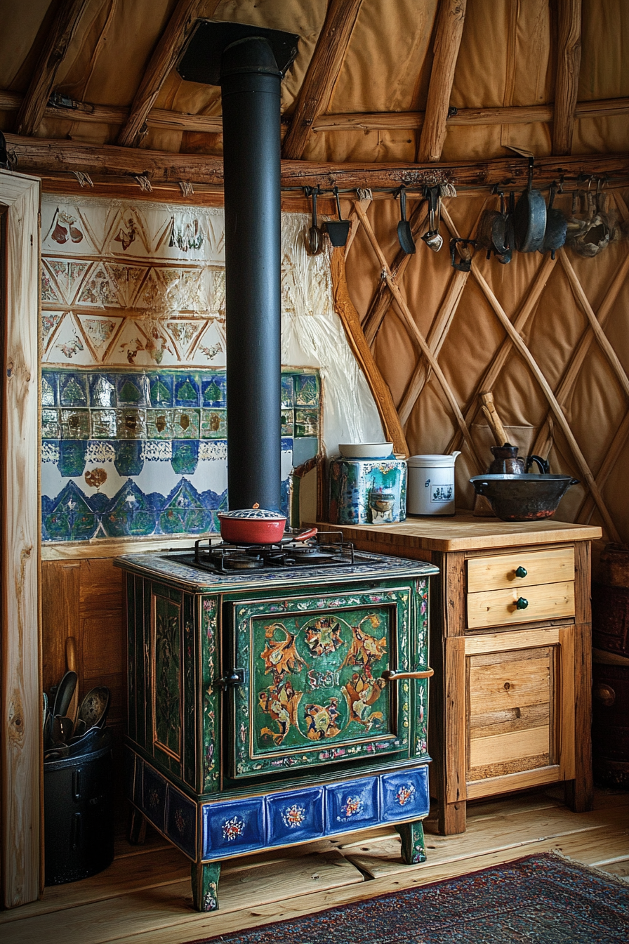 Alpine-style Yurt Kitchen. Wood stove finished with blue and green Majolica on top.