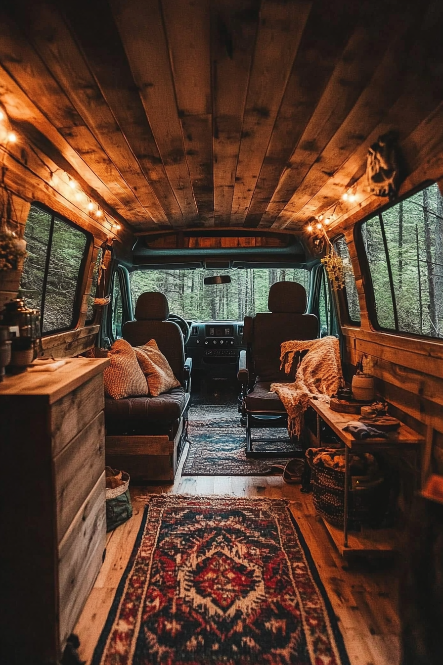 Van lounge. Pine paneling, camp chairs, view of twinkling forest under midnight sky.