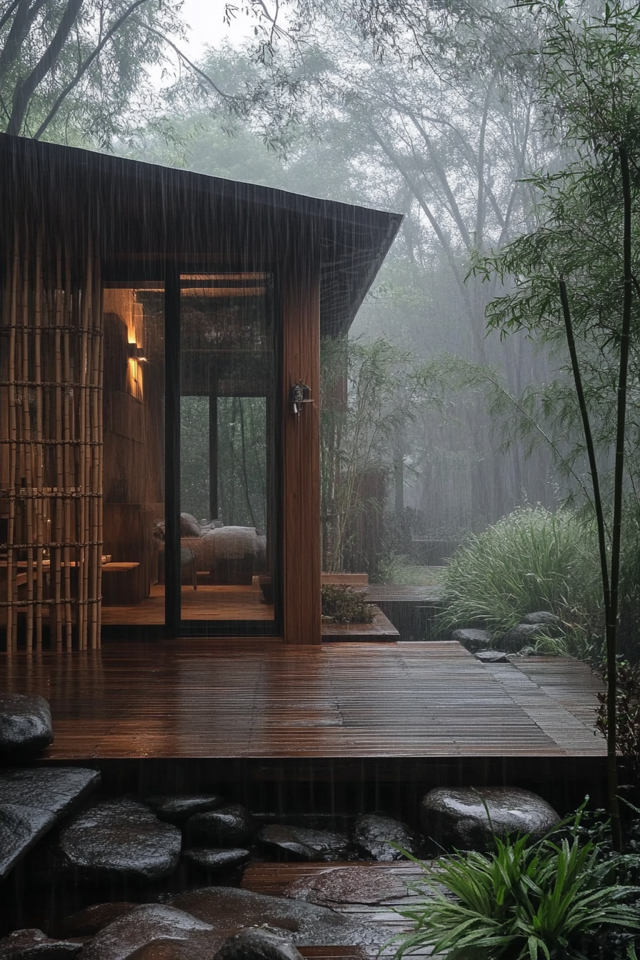 Minimalist tiny house deck. Bamboo screens, rock garden, amidst dewy bamboo forest in eerily misty dawn.