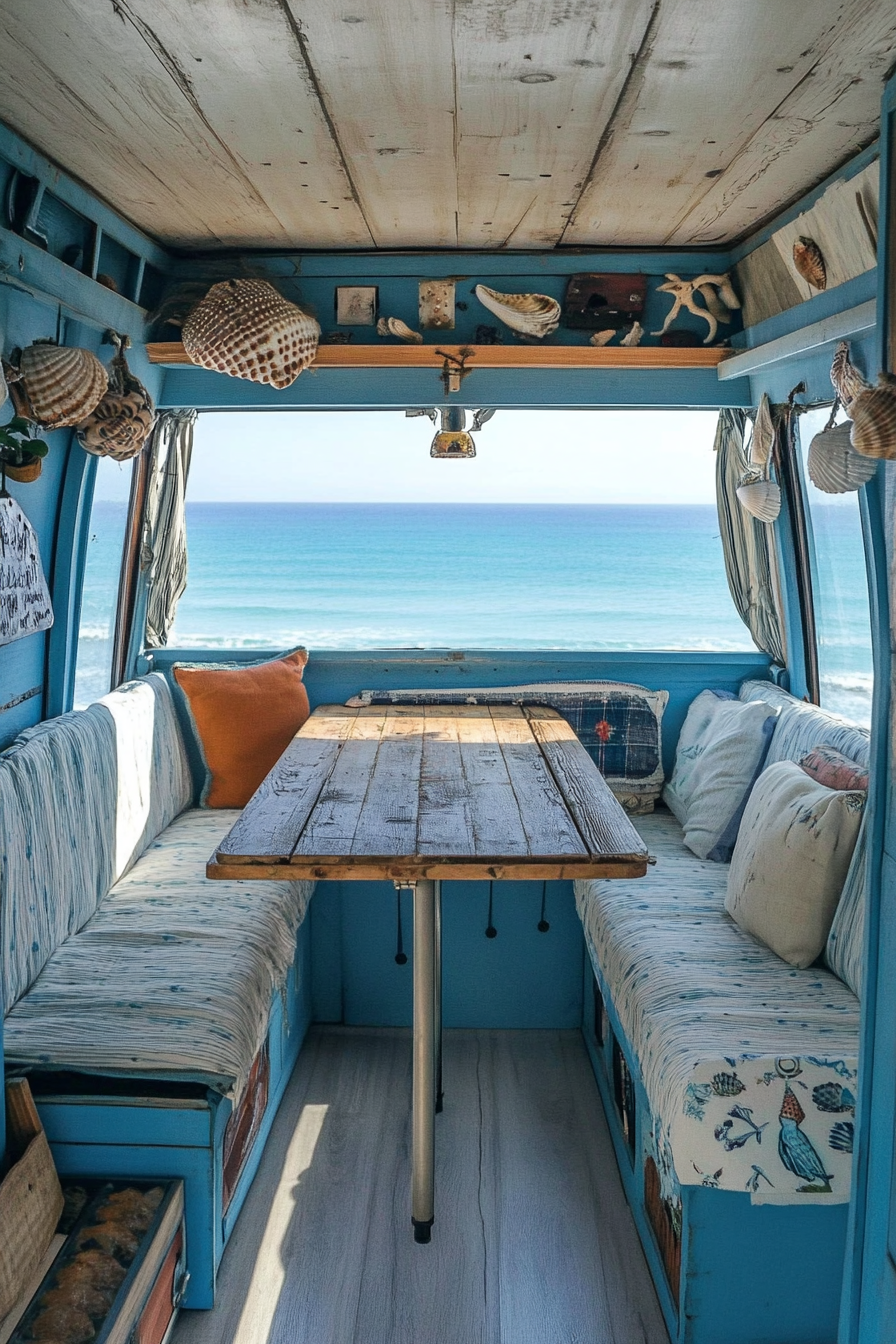 Van dining area. Painted blue walls, hanging seashell decor, fold-out wooden table, fabric seats facing ocean view.