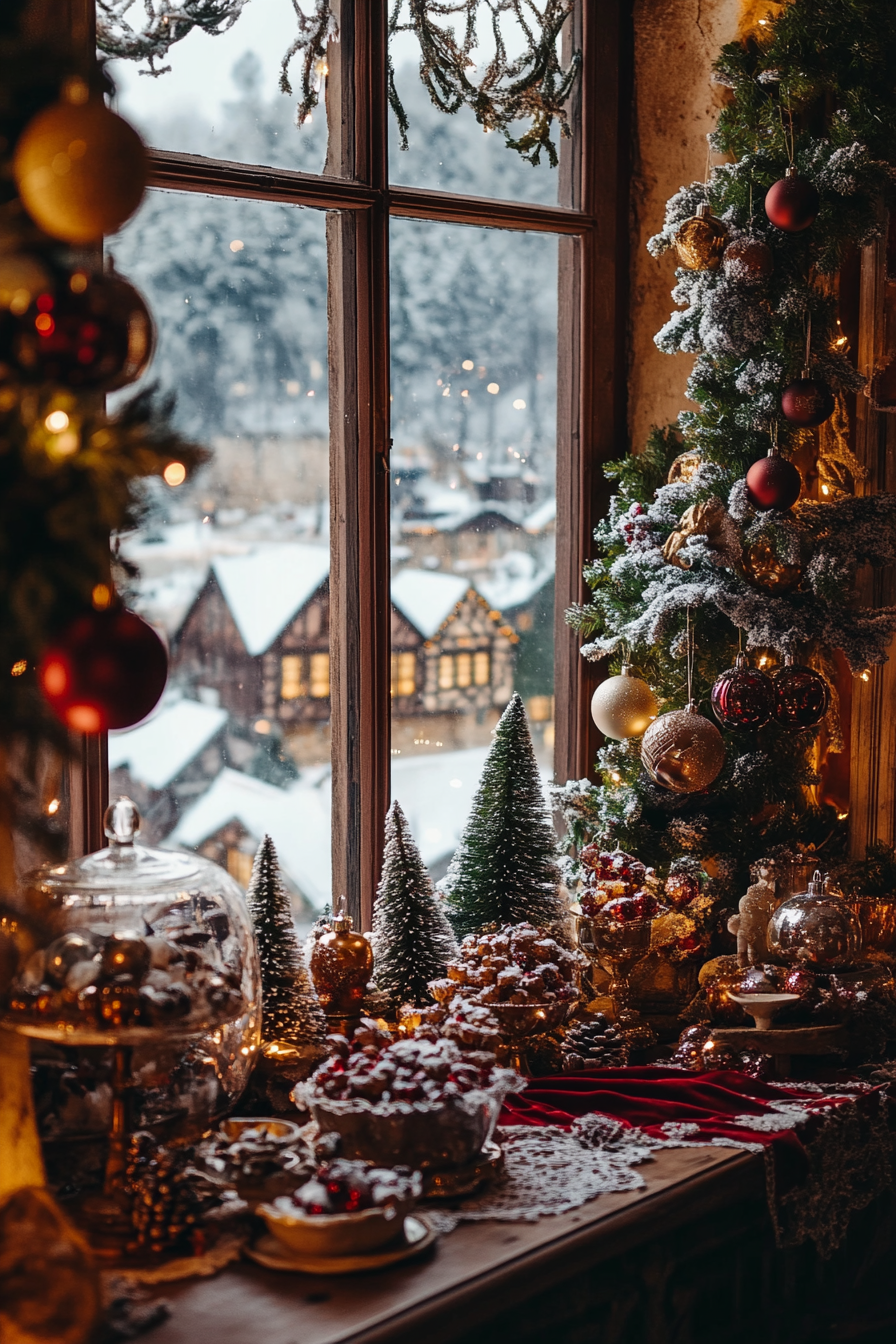 Wide angle view. Christmas interior with vintage ornaments, velvet ribbons, and snow-covered village view.