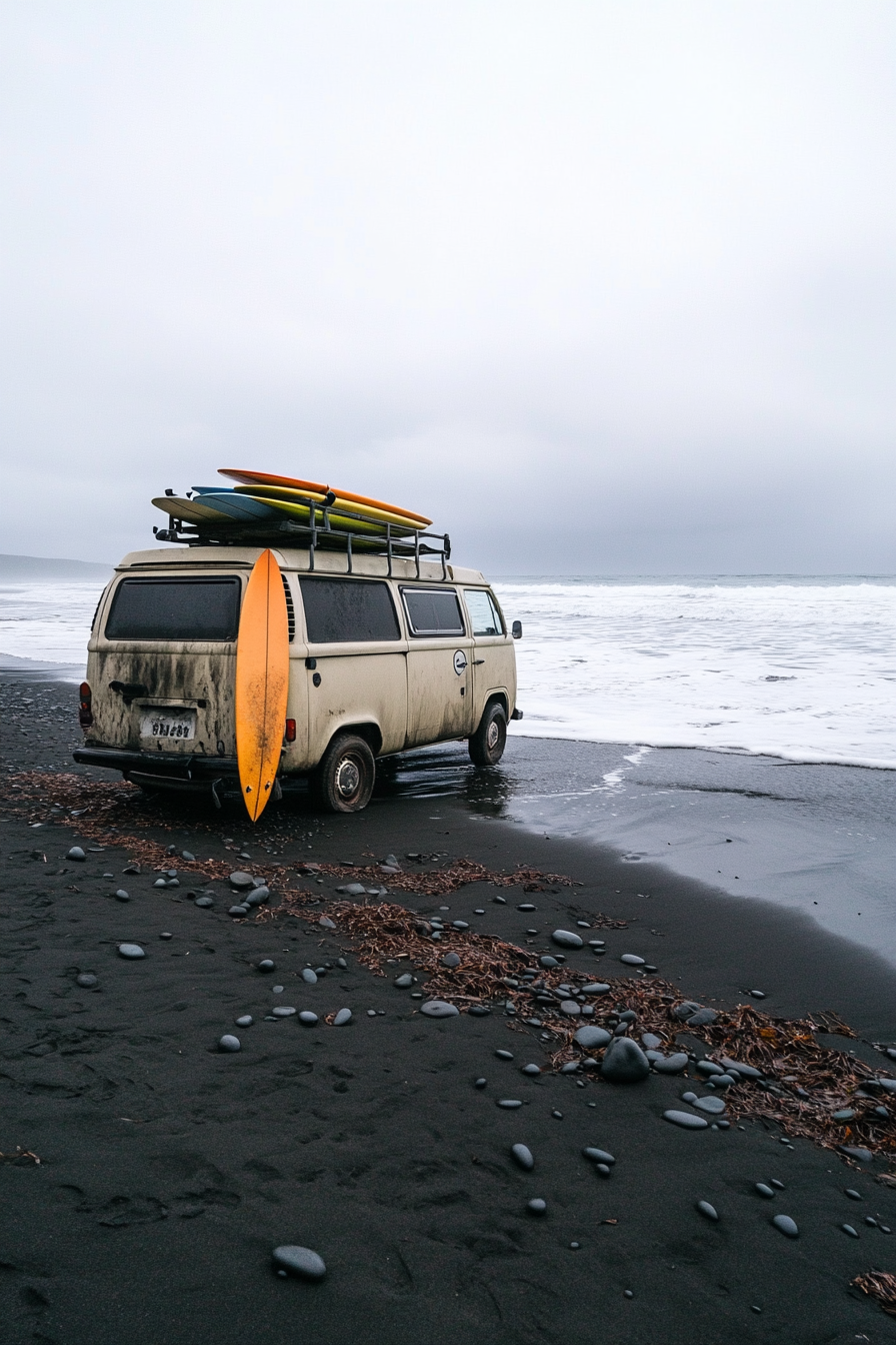 Wide angle view. Van on black sand beach with surfboard racks, nearby outdoor shower.