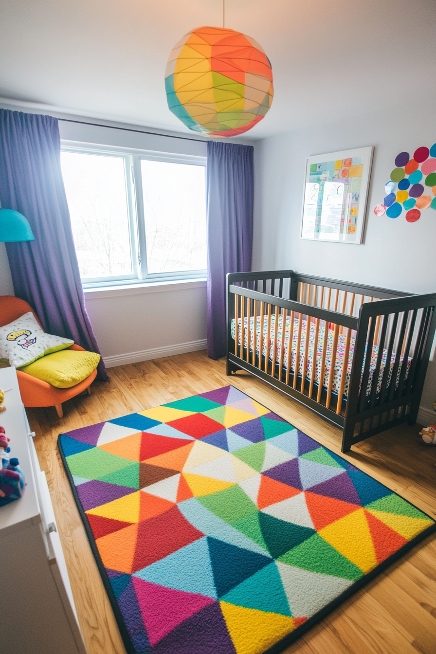 Cheerful baby space. Wide-angle view of rainbow-coloured geometric themed mini nursery.