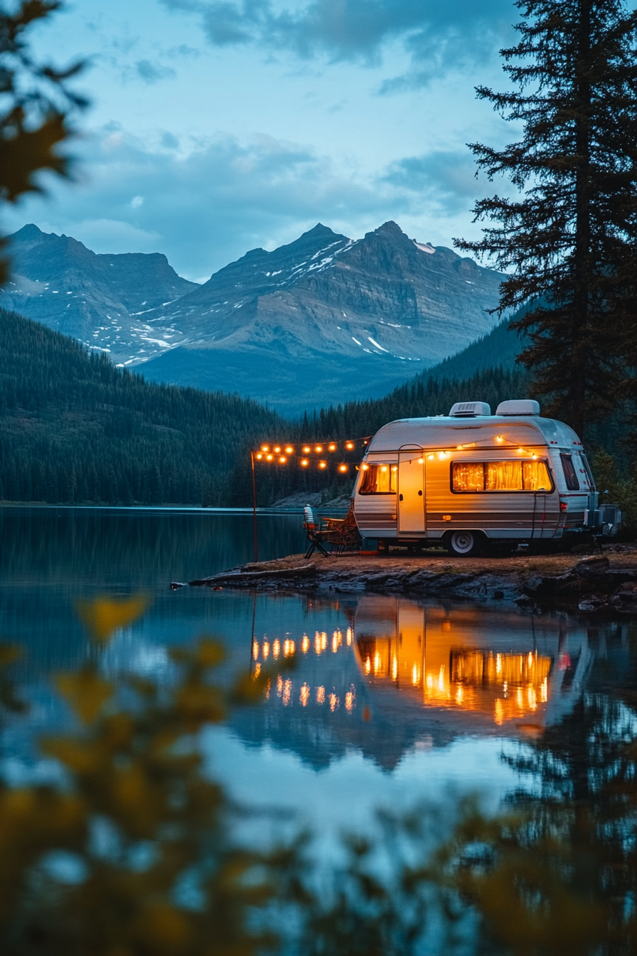 Wide angle view. Retro-styled RV with string lights beside crystal clear mountain lake.