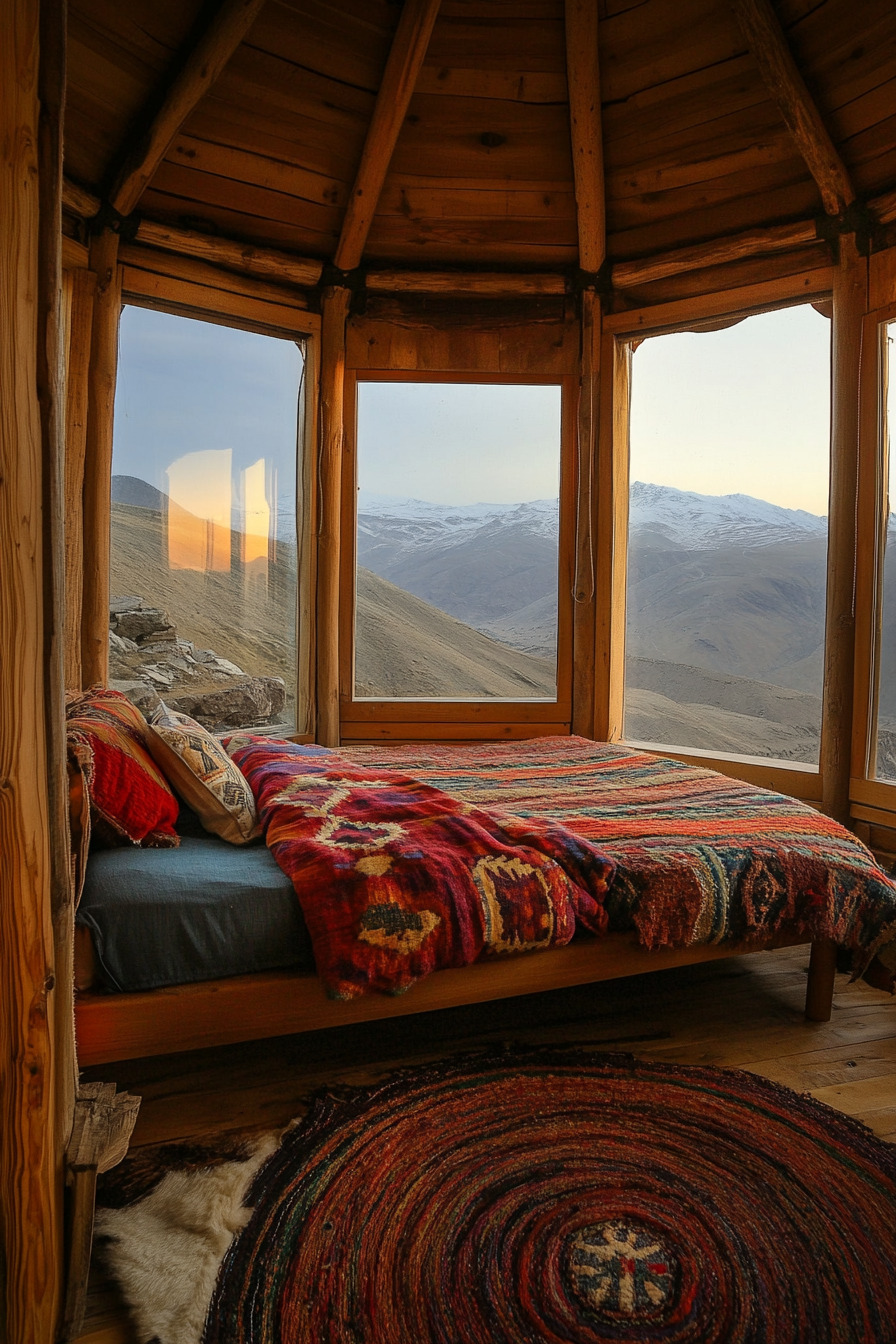 Alpine-View Yurt Bedroom. Reclaimed timber bed framed by floor-to-ceiling glass windows.