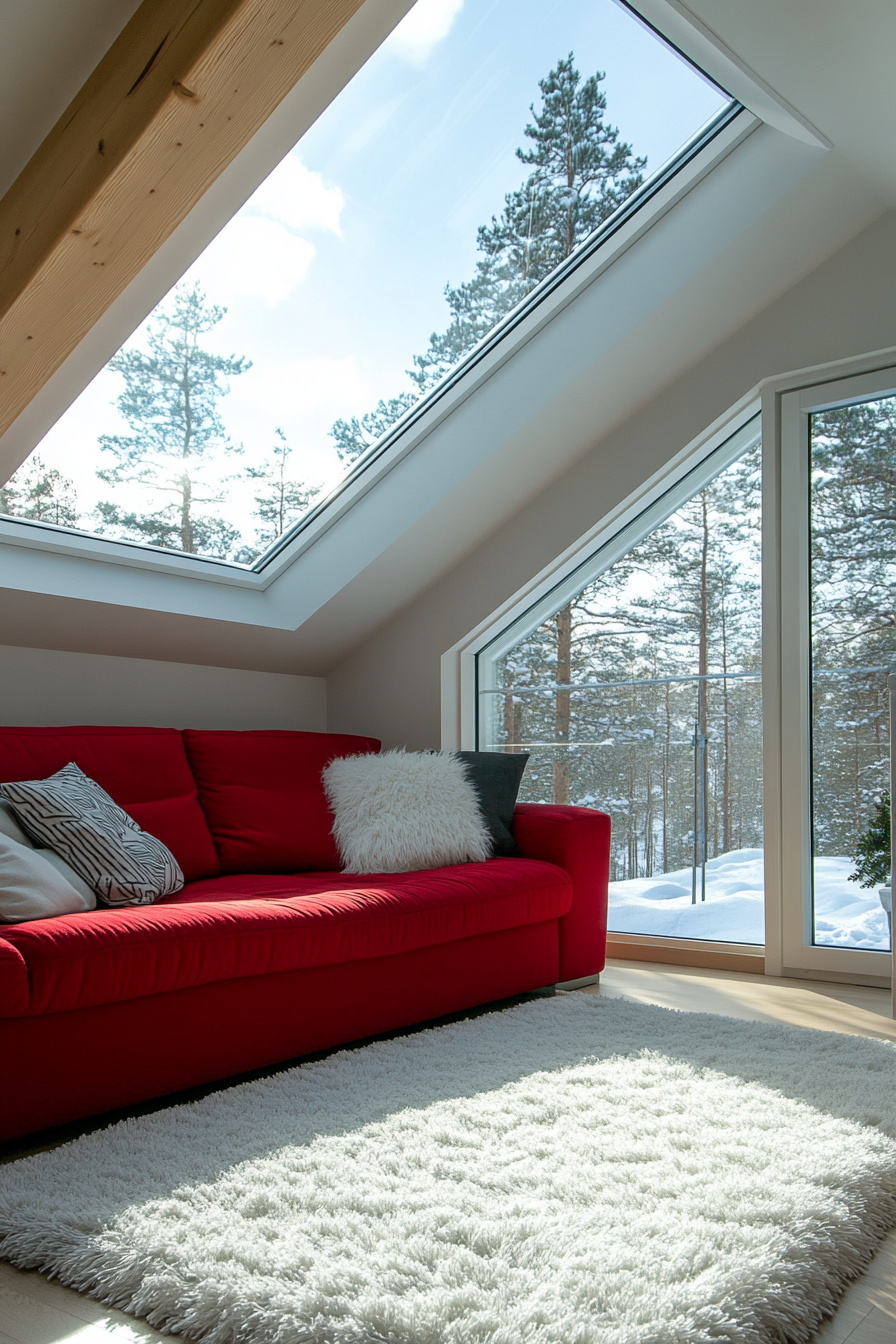 Scandinavian-inspired space. Red futon, white rug, skylight view of northern lights.