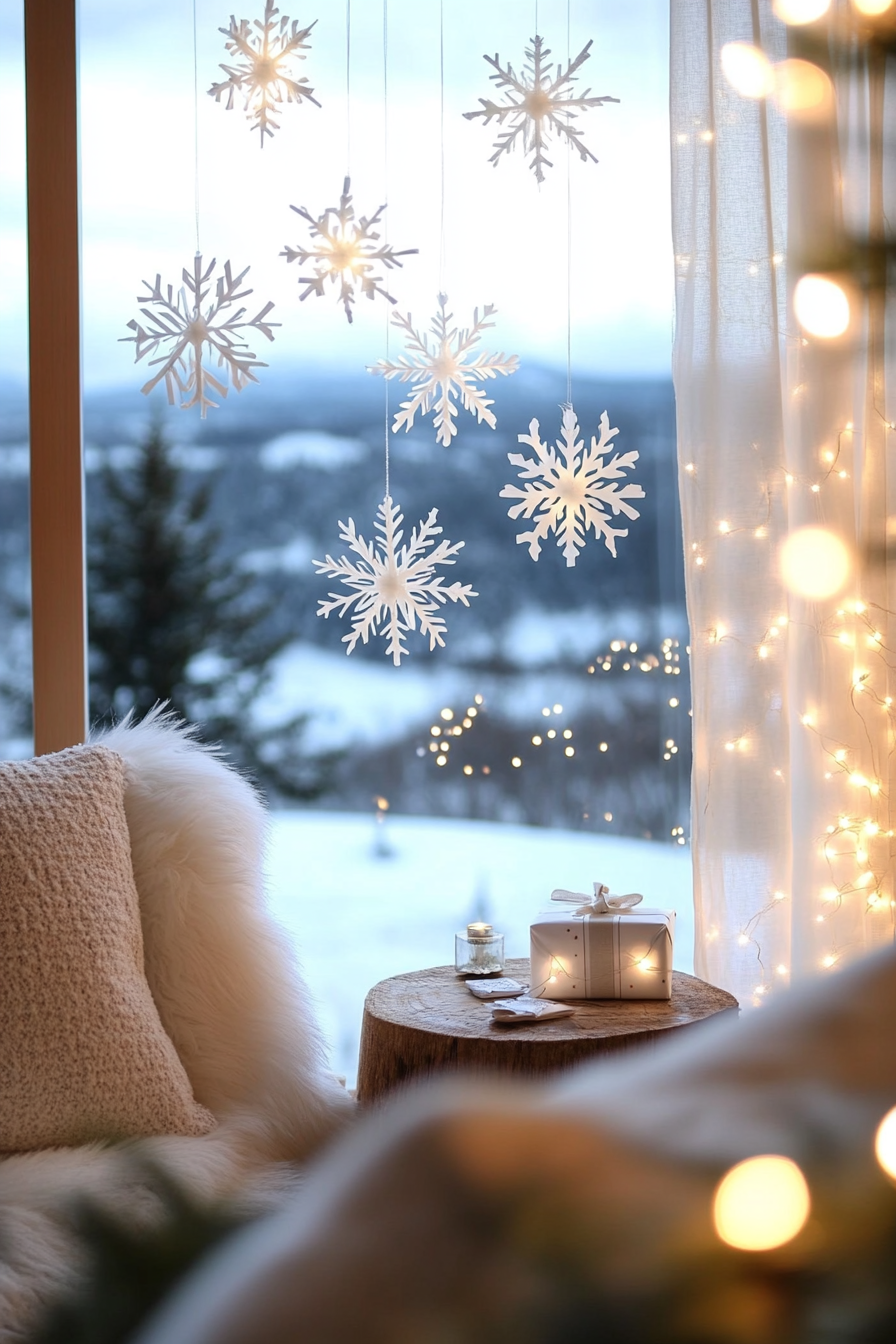 Modern Christmas décor. Wide unobstructed view overlooking frost-covered valley with white lights and paper snowflakes.