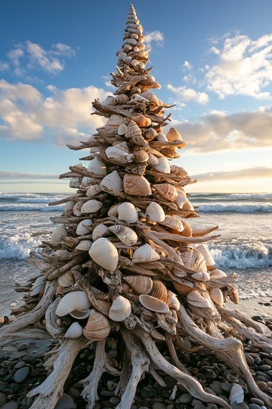 Holiday decor. Driftwood tree with shell ornaments, wide-angle view facing winter beach waves.