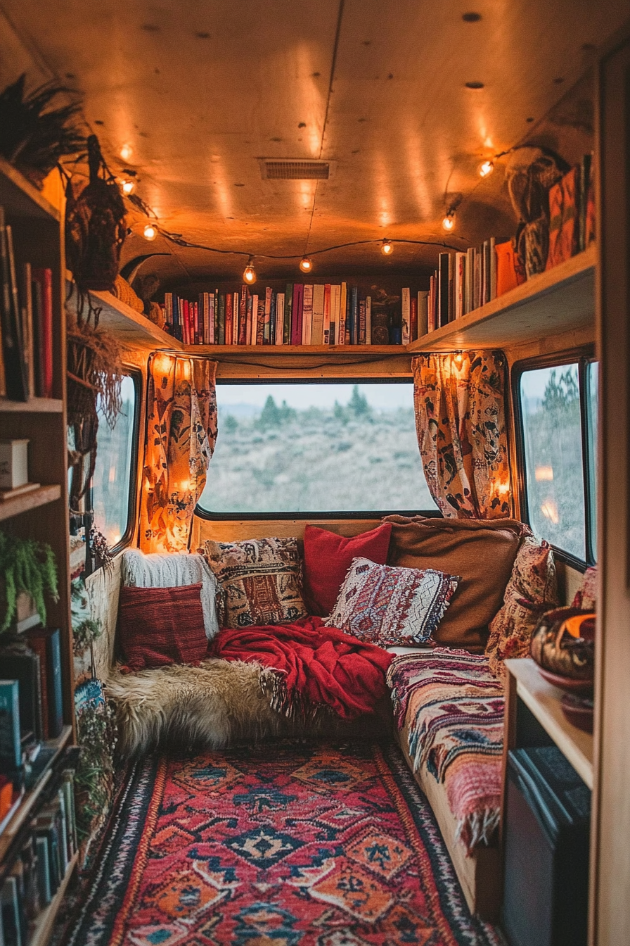 Desert-Boho reading corner. Camper with southwestern textiles, book lights and cushions.