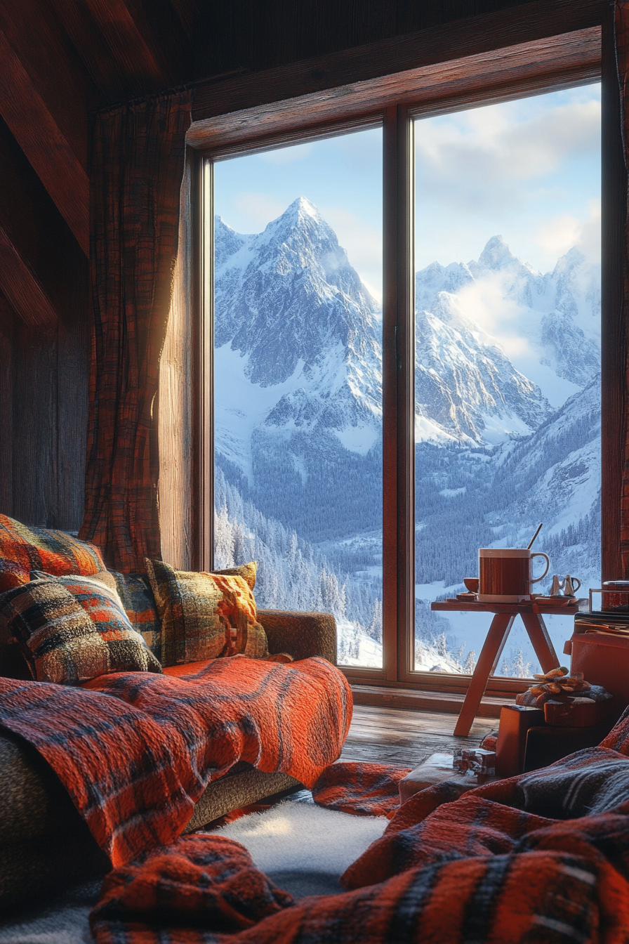 Ski lodge interior. Wool blankets, hot cocoa station, window viewing snow-capped peaks.