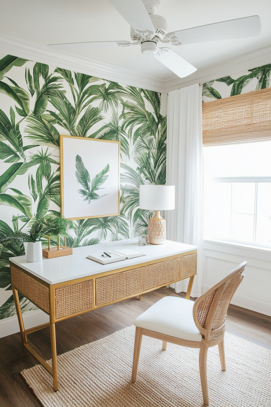 Tropical-modern tiny office. Rattan desk with gold details, palm leaf wallpaper, sleek white ceiling fan.