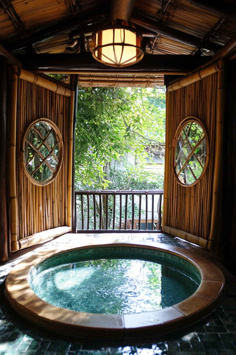 Tiny bathhouse. Soaking tub with open-air bamboo window.