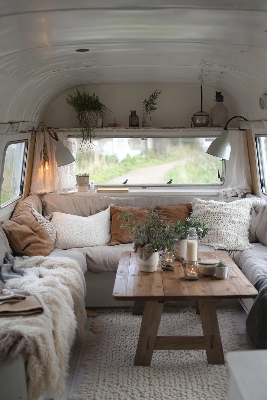 Scandinavian camper lounge. Hygge lighting over reclaimed wood coffee table with wool throw.