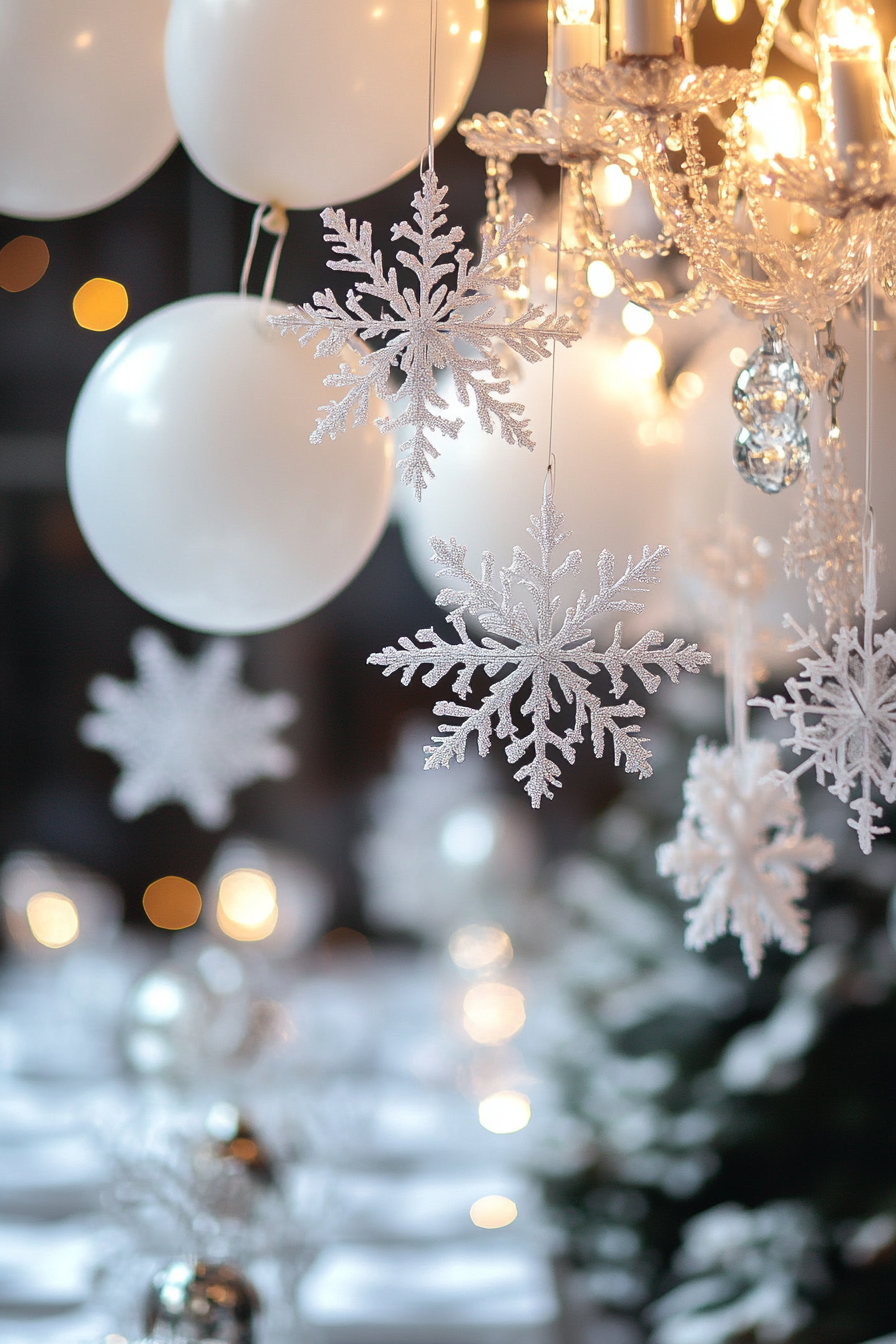 Modern Christmas decor. White balloons, paper snowflakes hanging from chandeliers, free-focus on frost-covered valley.