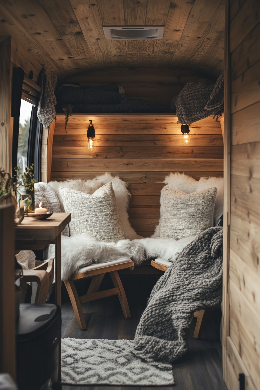 Scandinavian Camper Lounge. Hygge lighting within wood-accented space, wool throws on chairs.