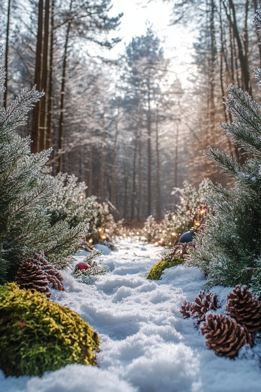 Wide angle view. Snowy woodland space with moss, holiday decorations and frosted pine borders.