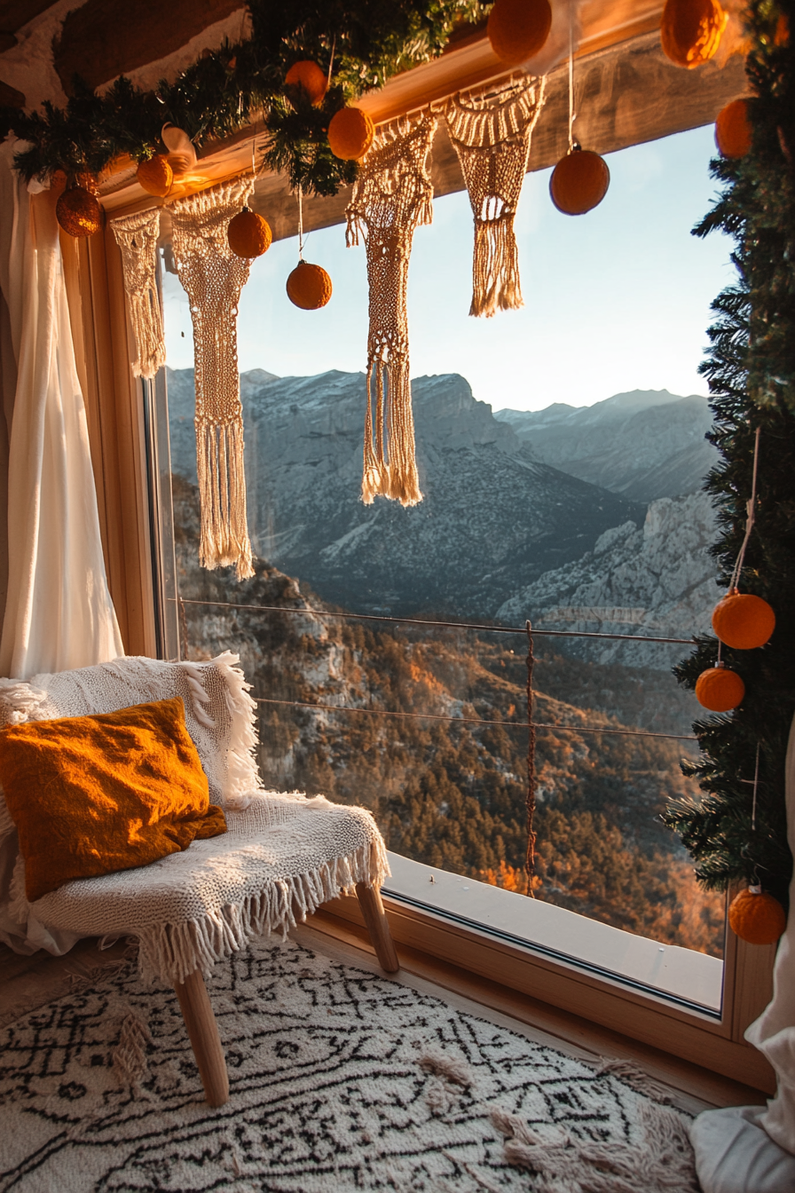 Wide angle holiday space. Macramé stockings, dried orange garlands, mountain sunset view.