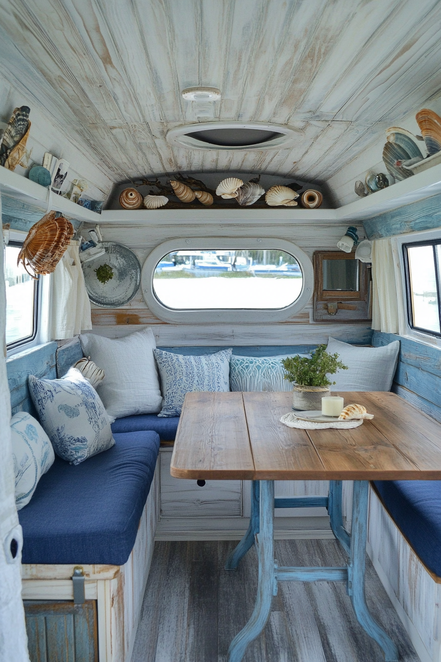 Van dining area. Whitewashed wood with blue upholstery, fold-out frieze table, ocean decal windows, shell centerpieces.