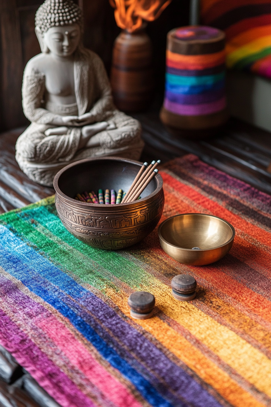 Zen-style Van Meditation Room. Rainbow chakra tapestry, singing bowls and rosewood incense holder.