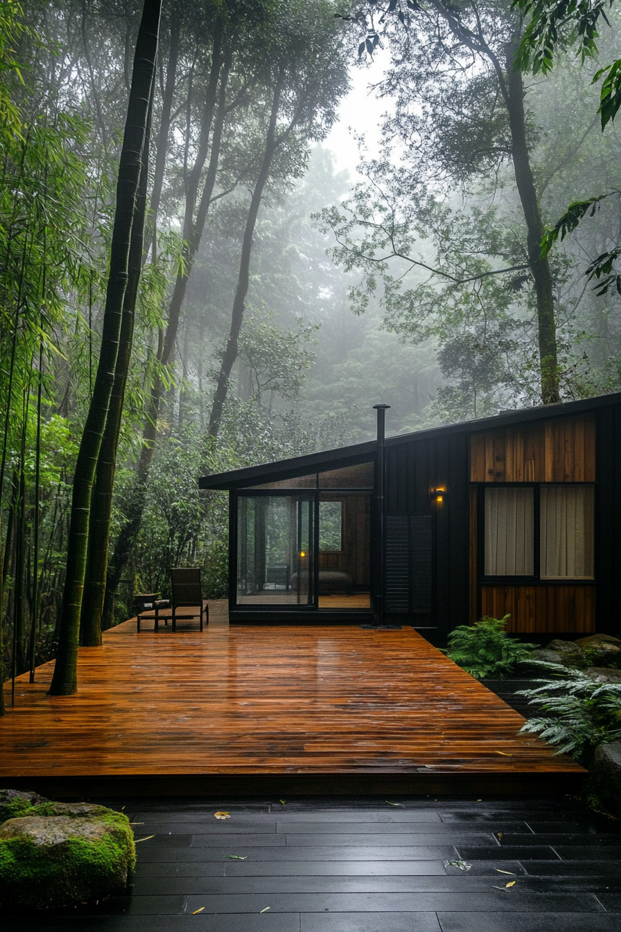 Wide angle view. Minimalist tiny house deck with bamboo garden in a misty forest.