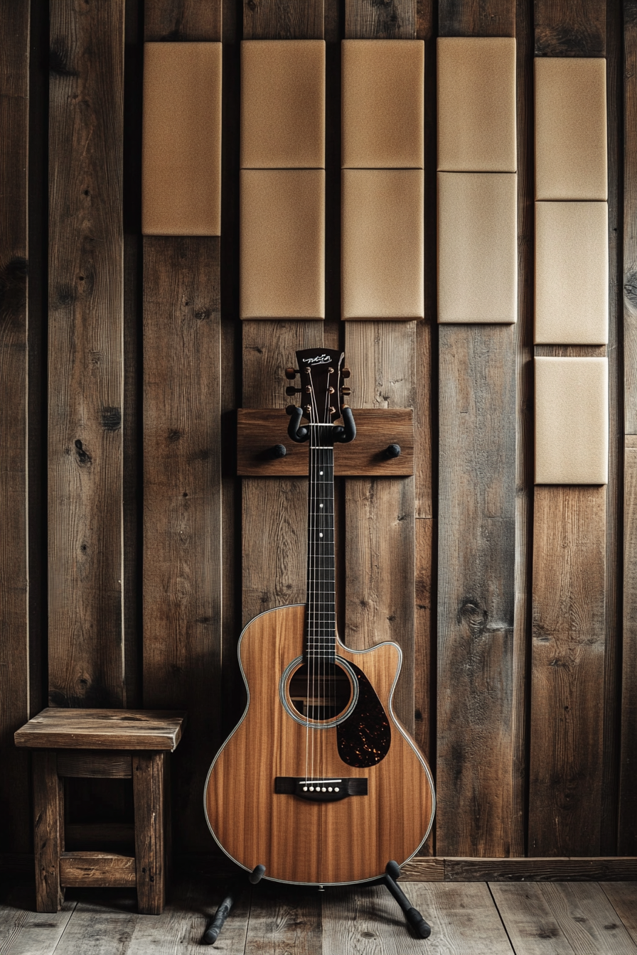 Music room. Rustic wooden walls with rectangular acoustic foam panels and walnut guitar hanger.