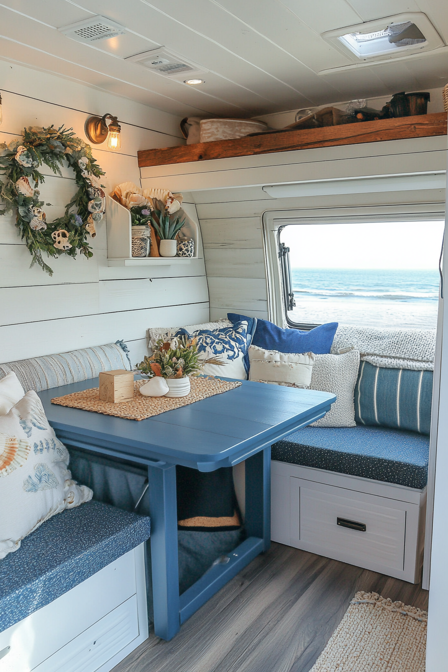 Coastal-style van dining area. Azure fold-out table, ocean view seats, seashell wreath.