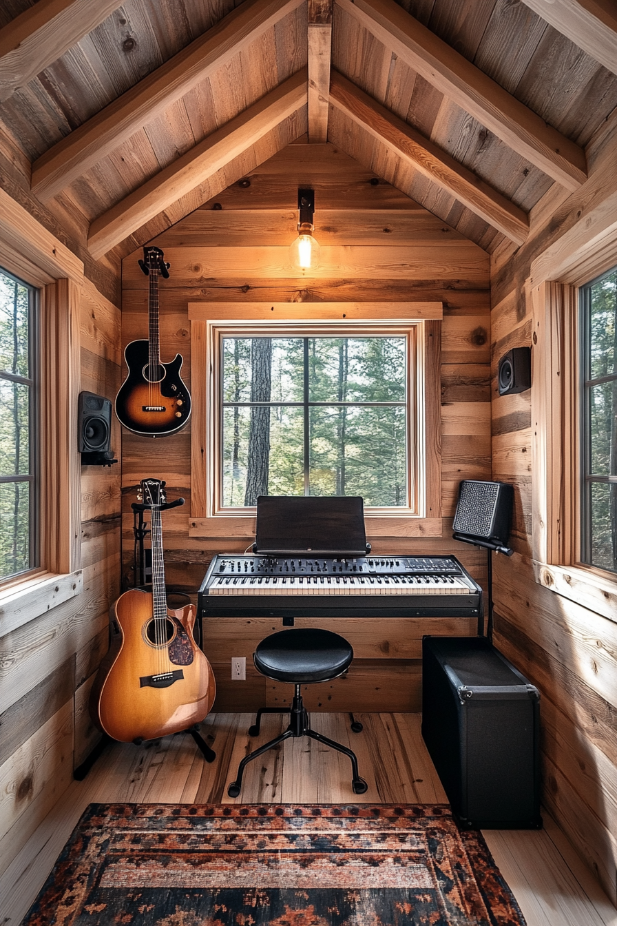 Woodland-style tiny music room. Knotted pine soundproof wall, keyboard mount positioning, mounted guitar.