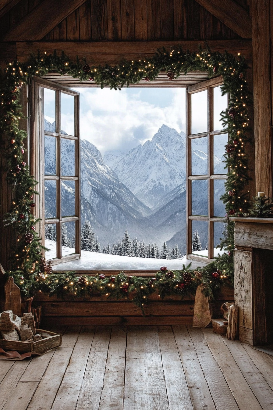 Farmhouse-style space. Pine garlands on wooden mantelpiece, snow-capped mountains in distance.