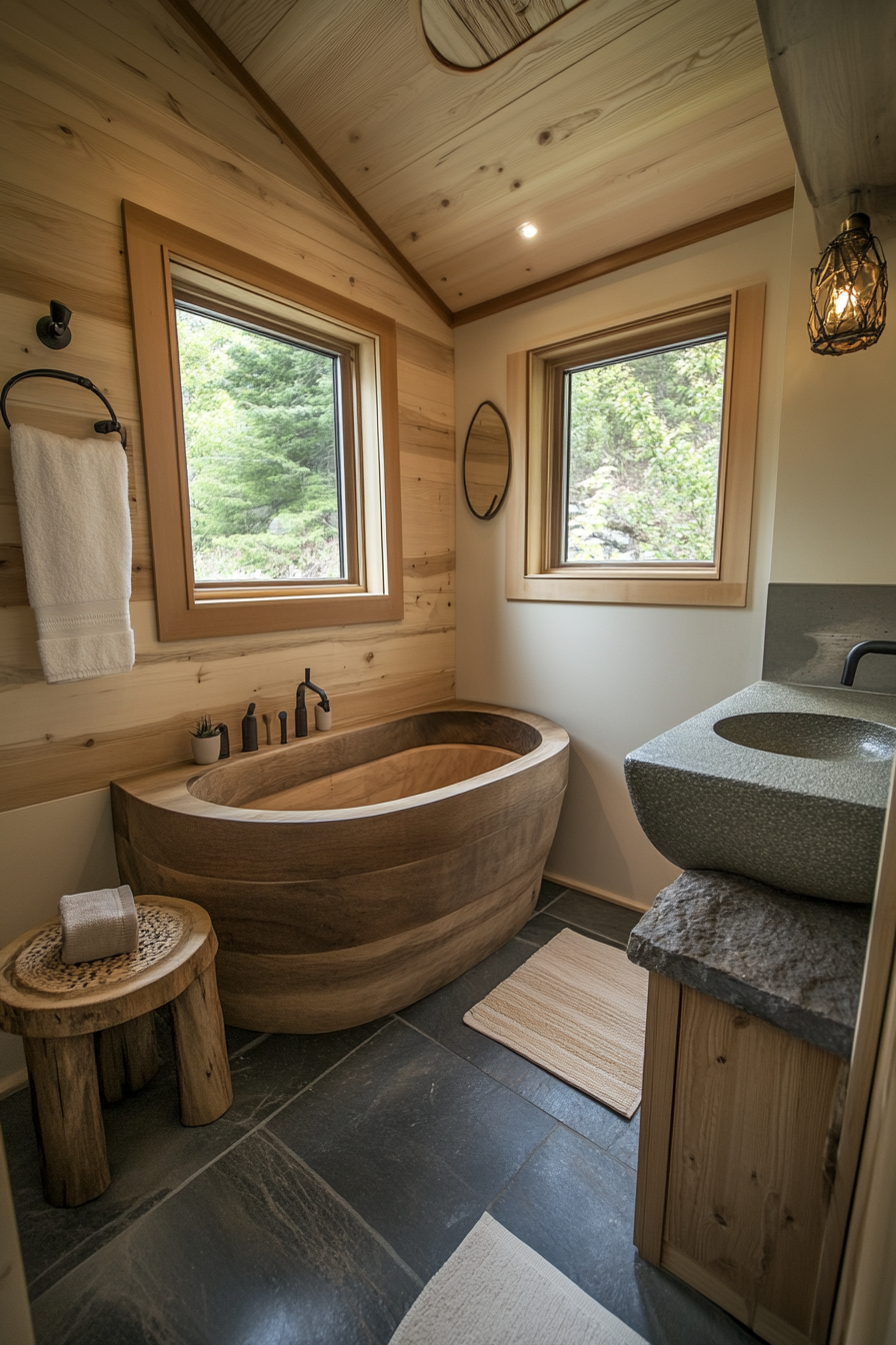 Wide-angle view. Tiny House bathroom. Wooden tub, stone sink.