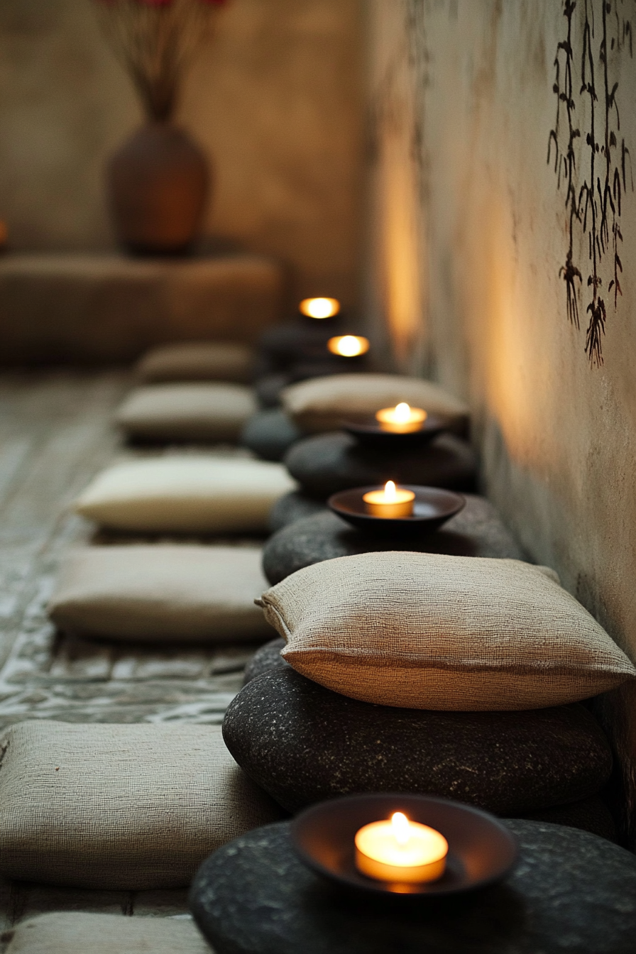 Van meditation room. Zen-style fabrics in cool earth tones, illuminiscent candles nestled among stacked lava rocks.