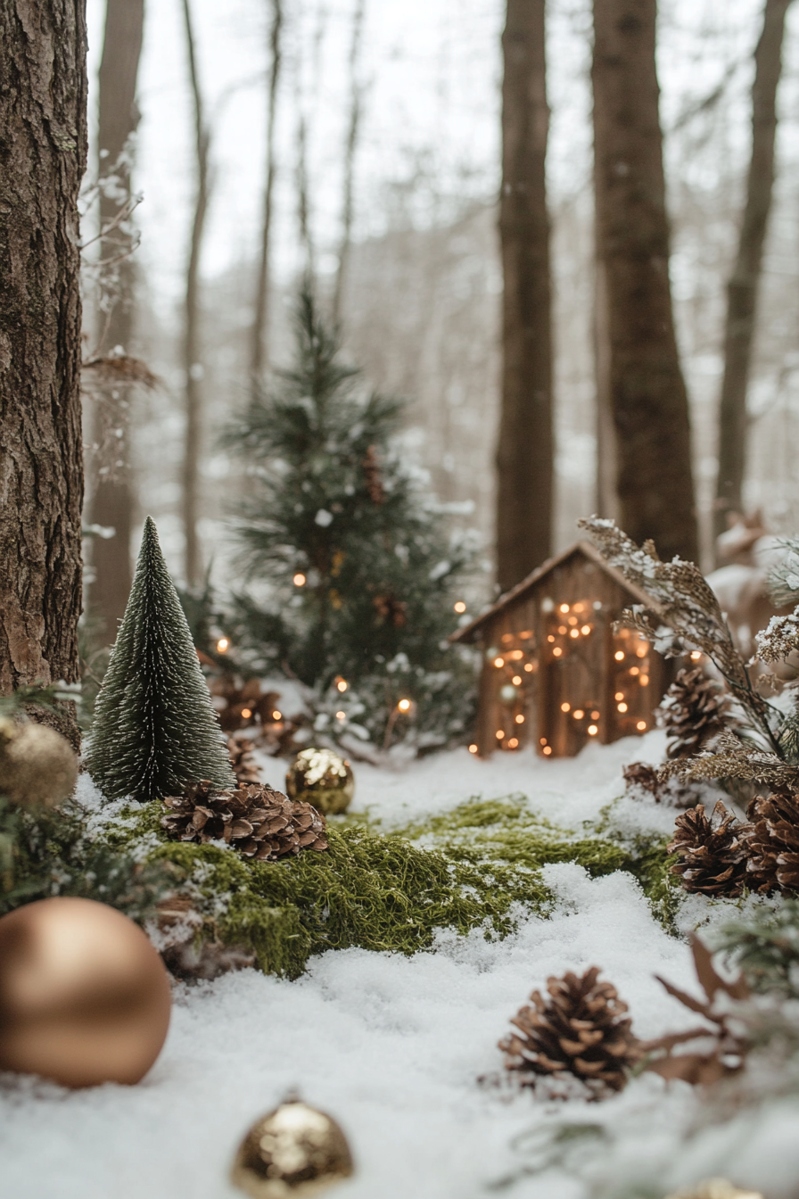 Whimsical holiday space. Wide-angle forest covered in snow, adorned with moss details and woodland ornaments.