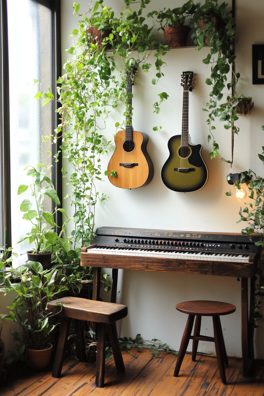 Tiny music room. Hanging ivy decor with wooden keyboard mount and wall-mounted olive guitar.