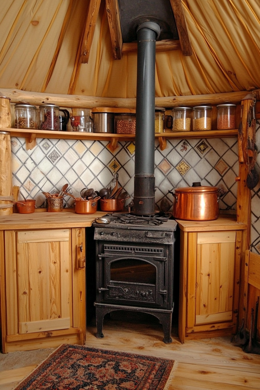 Alpine-Style Yurt Kitchen. Wood stove, copper pots, spice wall.