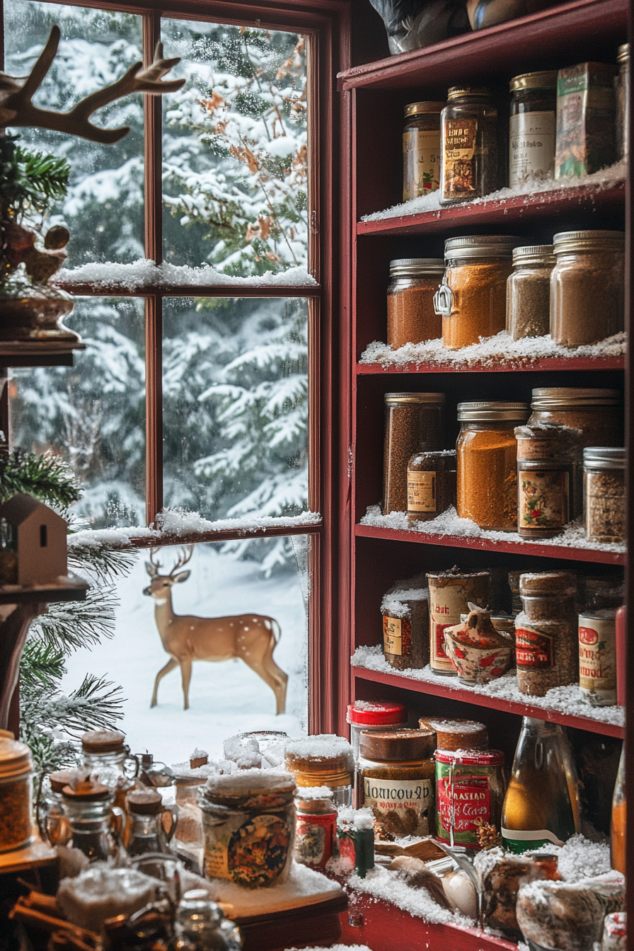 Wide-angle view. Holiday baking haven, cinnamon spice storage on burgundy shelf, snowy meadow, deer wading.