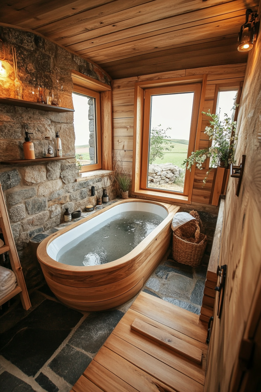 Natural tiny house bathroom. Wooden soaking tub, wide-angle view, stone detailing.