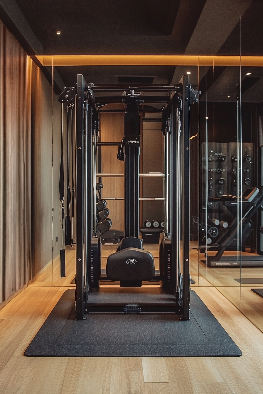 Contemporary tiny gym. Mirror wall, cable machine, rubber floor turtle shell storage, open layout.