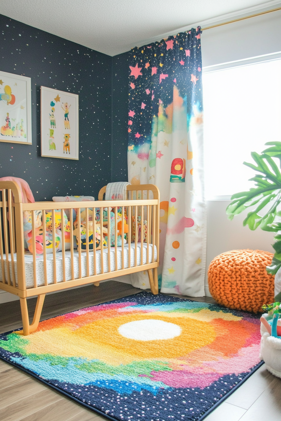 Wide angle view of baby space. paint splatter rainbow rug and galaxy star patterned curtains.