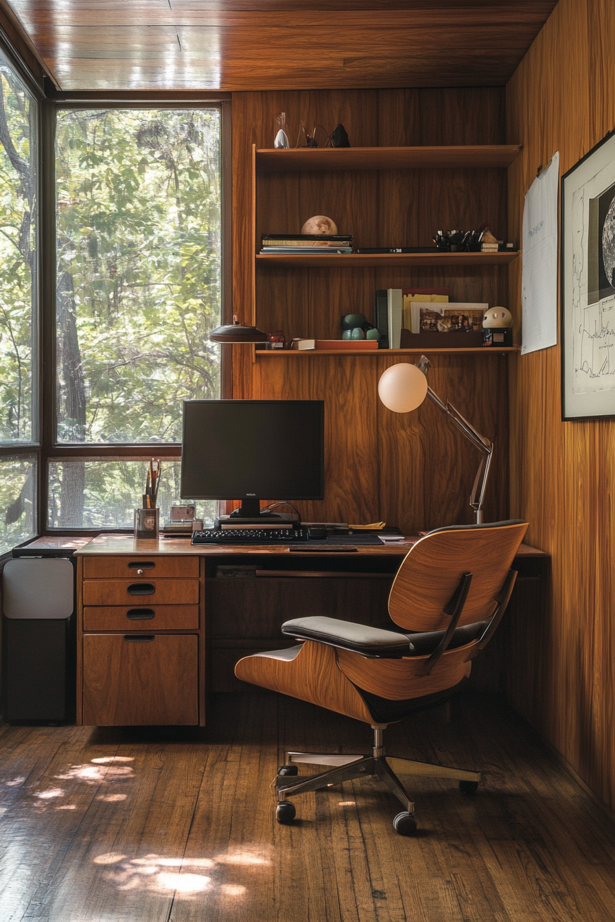 Wide angle view of mobile workspace. Walnut paneling, vintage Eames chair, dramatic lighting.