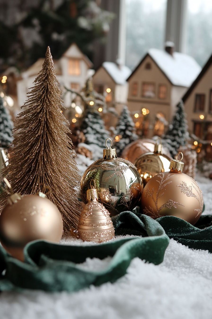 Christmas interior, snow-covered village view, vintage gold ornaments, velvet green ribbons.