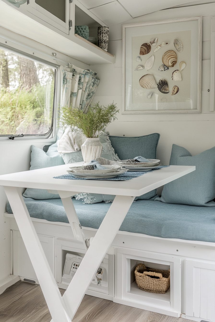 Van dining area. White fold-out table with shell-adorned artwork, pale blue cushions.