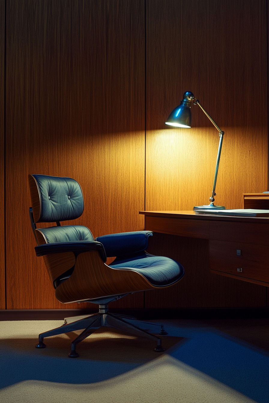 Mobile workspace. Walnut paneling with an imposing vintage Eames chair under sapphire blue spotlight.