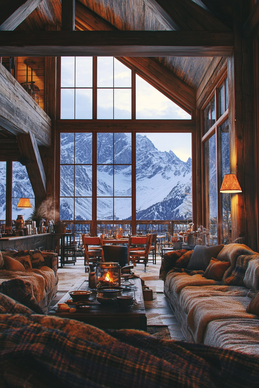 Wide angle ski lodge interior. Wool blankets, hot cocoa station, snow-capped peak view.