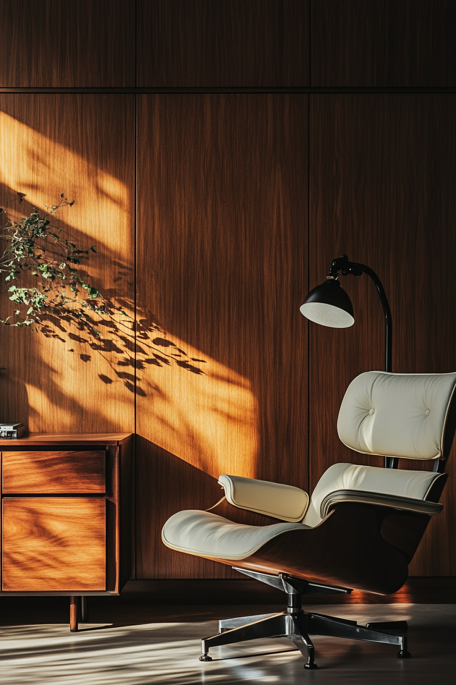 Wide angle view of a mobile workspace. Vintage Eames chair against walnut-paneled wall under dramatic spotlight.