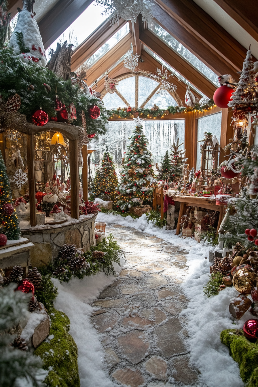 Wide-angle view of a snow-surrounded whimsical space, filled with holiday ornaments, moss, woodland decorations.