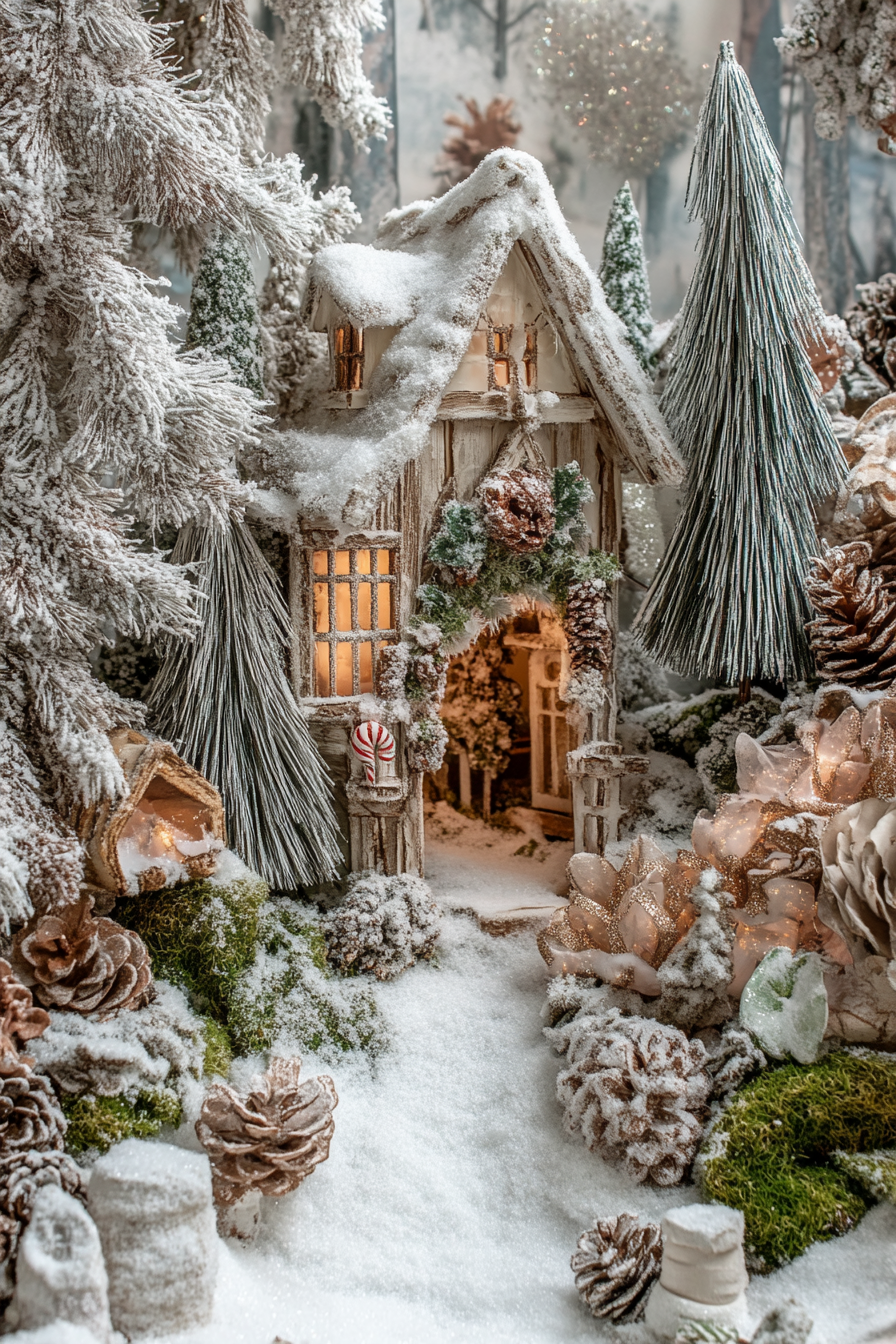 Wide angle view. Snowy pines, moss details, woodland decorations in whimsical holiday space.