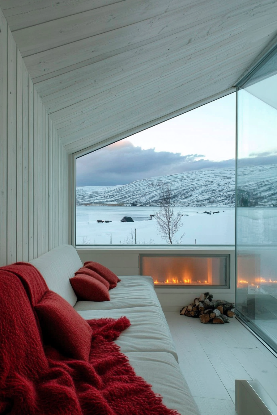 Scandinavian space. Red throw on white sofa, skylight view of northern lights.