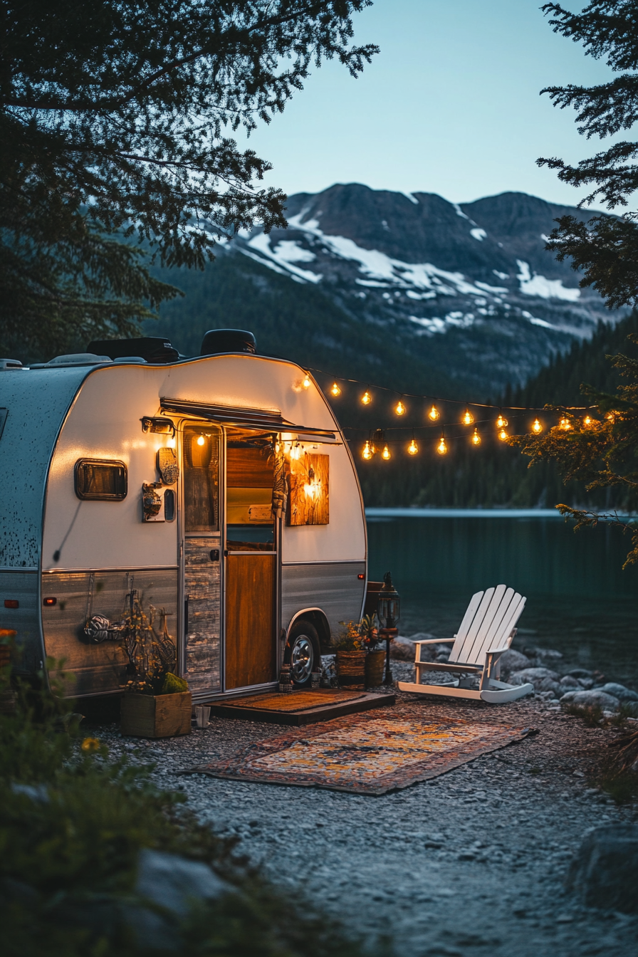 Retro-styled RV entrance, metal gliders and string lights, beside a crystal clear mountain lake.